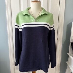 Liz Claiborne Green, White & Navy Striped Half-Zip Sweater